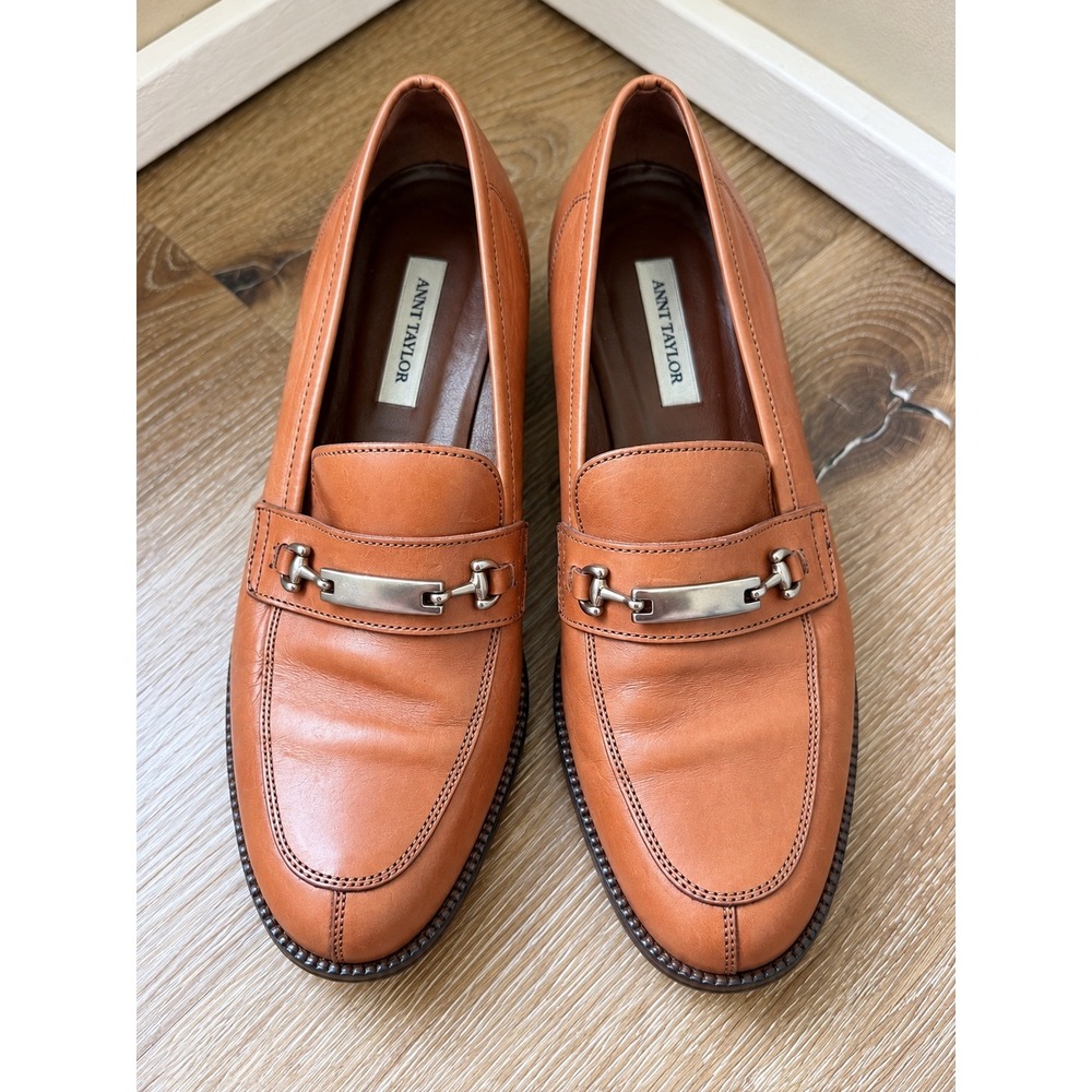 Ann Taylor Loafers Women 7M Brown Leather Horsebit Made Italy Block Heel Shoes